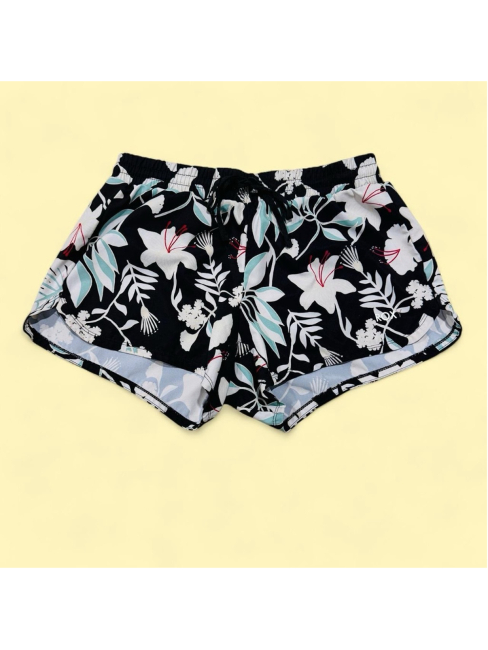 Roxy Tropical Floral Board Shorts Black White Drawstring Beach Swim Cover-Up S